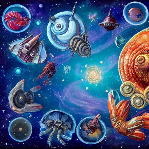 Image similar to painting of ornate space ship, nebulae background, nautilus, shell, space jammers, d & d, dust, sun, 4 0 k warhammer, shrimp, prawn