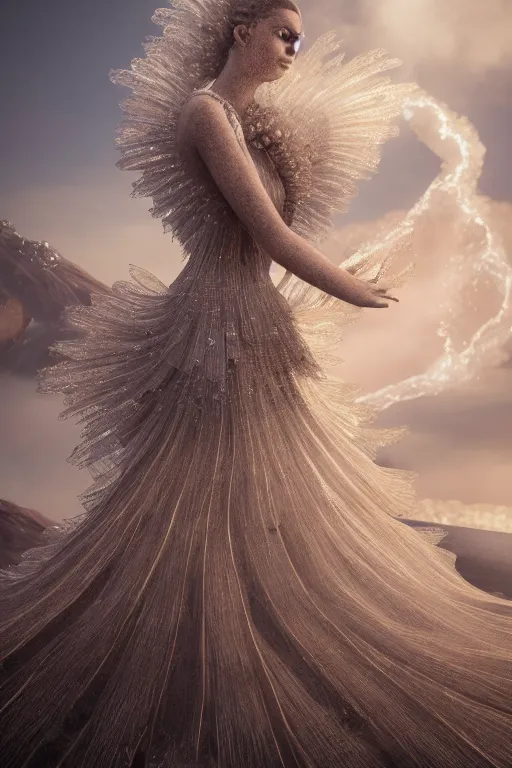 Image similar to a beautiful hyperrealistic ultradetailed 3D, one girl in a magnificent McQueen couture dress stands near a volcano, voge photo, fashion style, fullbody, in full growth, photorealistic, high resolution, trending on artstation, highly detailed, volumetric lighting, elegant, details, good clear quality, volumetric lighting,