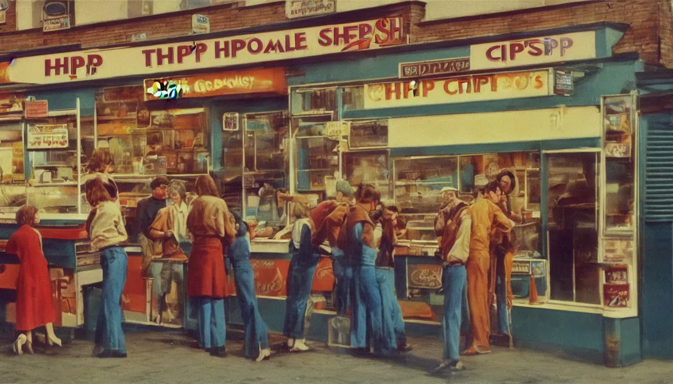 Prompt: 1 9 7 0 s chip shop, customers argue about the price, hyper realistic photo, full colour, upscale, 8 k, masterpiece,