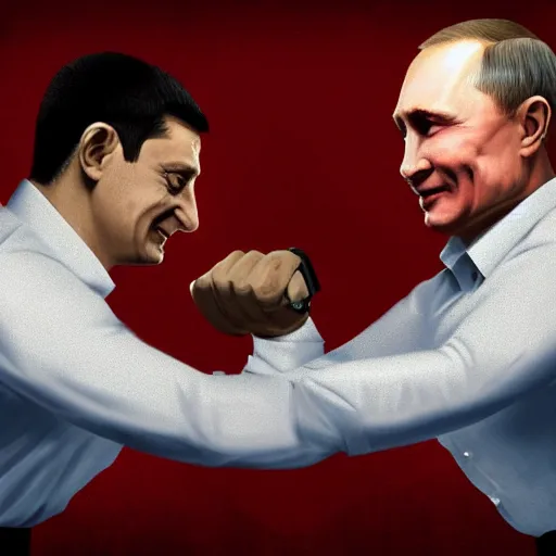 Prompt: vladimir putin and volodymyr zelensky arm wrestle in a bar, digital art, trending on artstation