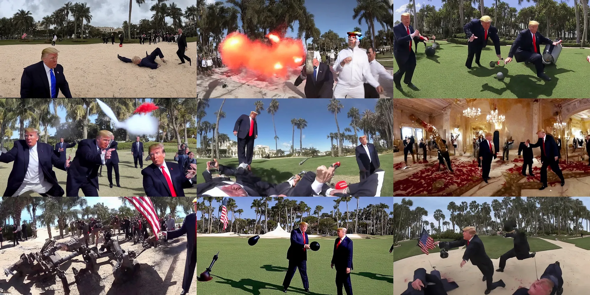 Prompt: gopro footage of donald trump being mangled by a canon ball at mar - a - lago, blood and bone, ground beef