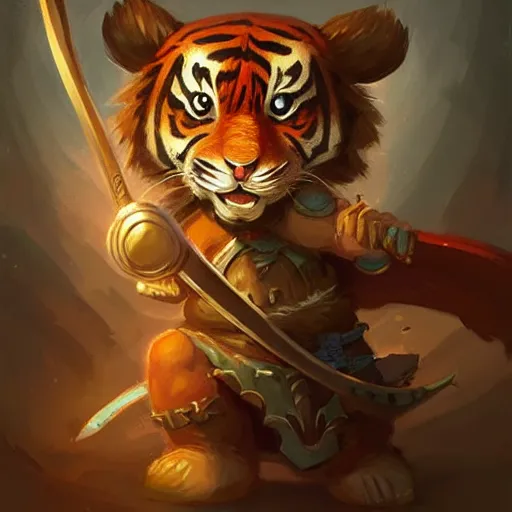 Image similar to cute little anthropomorphic Tiger Warrior, ultra wide lens shot , tiny, small, short, cute and adorable, pretty, beautiful, DnD character art portrait, matte fantasy painting, DeviantArt Artstation, by Jason Felix by Steve Argyle by Tyler Jacobson by Peter Mohrbacher, cinematic lighting