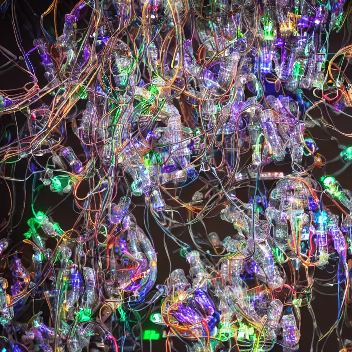 Image similar to a bunch of translucent cyborg man's heads which looks like wires, neon lights, rgb led diodes, jellyfish and radio parts scattered on the floor of the dark corner of the warehouse, high resolution, sci - fi, cyperpunk, bio - mechanical bio - luminescence, 8 k
