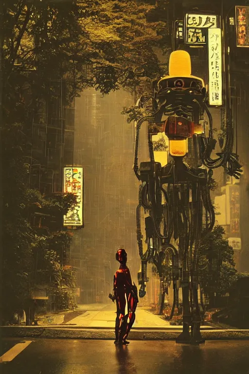 Prompt: vintage autochrome photo of ancient overgrown cyberpunk tokyo with robot by syd mead, night, rain, flowers, beautifully lit, hyperdetailed, unreal engine, photorealistic