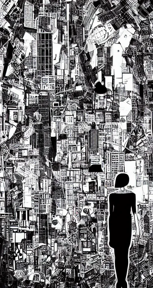 Prompt: cypherpunk fashion illustration, camera face, black and white and red, manga, city street background with high tall buildings, central park, abstract landscape, diane arbus, highly detailed, finely detailed, shadows realism