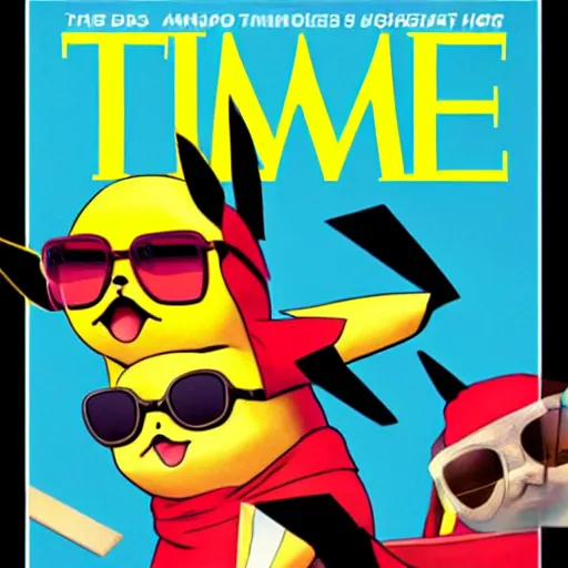 Prompt: cover of time magazine featuring pikachu as a person wearing a hoodie and sunglasses