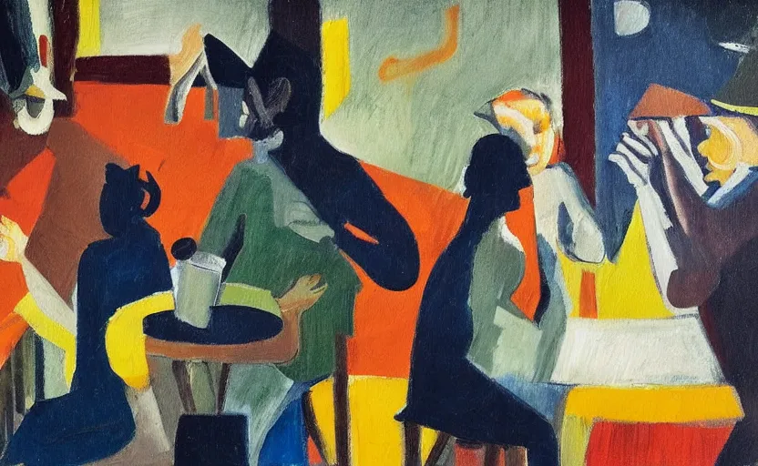 Prompt: oil painting in the style of john craxton sailors in the shadows of a pub. line drawing on painting. playing cards. aesthetics to ivon hitchins. brush marks. strong lighting. holding cigerettes. smokey bar. seated figure hands on table. strong expressions on faces. cheekbones. single flower.,