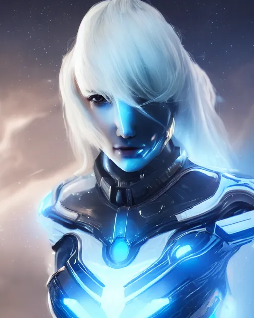 Image similar to perfect android girl on a mothership, warframe armor, beautiful face, scifi, futuristic, galaxy, nebula, raytracing, dreamy, long white hair, blue cyborg eyes, sharp focus, cinematic lighting, highly detailed, artstation, divine, by gauthier leblanc, kazuya takahashi, huifeng huang