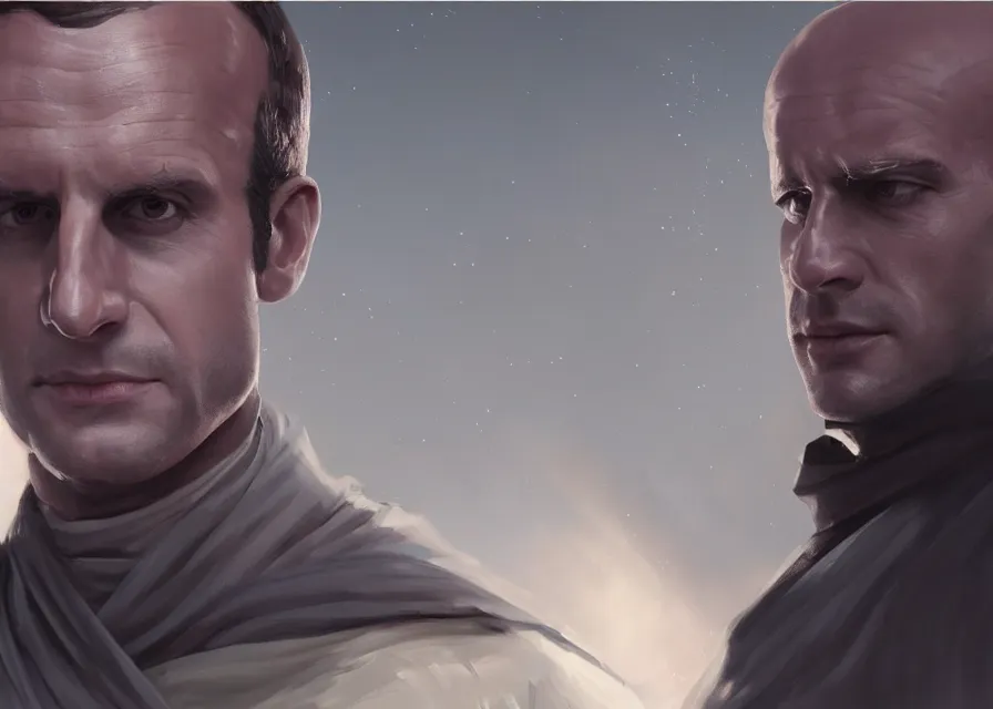 Image similar to painting portrait of Emmanuel Macron dressed as Arcann and as Thexan in Star Wars, sharp focus, waist up, trending on ArtStation, masterpiece, by Greg Rutkowski, by Ross Tran, by Fenghua Zhong, octane, clear eyes, soft render, clear facial features, oil on canvas, moody lighting, cinematic, professional environment concept art