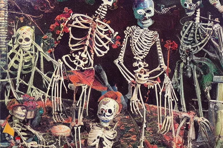 Image similar to scene from fishing, day of the dead, cyber skeleton, neon painting by otto dix