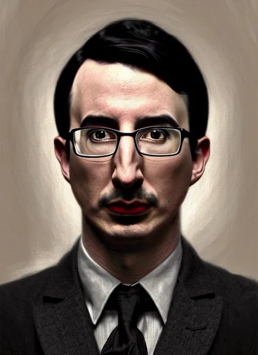Image similar to painting of john oliver with adam driver, john oliver, adam driver, stoic, full body, military uniform, fantasy, intricate, elegant, beautiful, highly detailed, charcoal, centered, dark, smokey, digital painting, concept art, smooth, sharp focus, illustration, art by artgerm, art by greg rutkowski, art by alphonse mucha