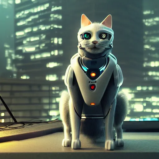 Prompt: cyberpunk style robotic cat, high detail, digital art, concept art,octane render,unreal render 4k