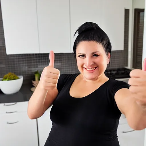Prompt: fat woman with black long ponytail giving a thumbs up, selfie in the kitchen