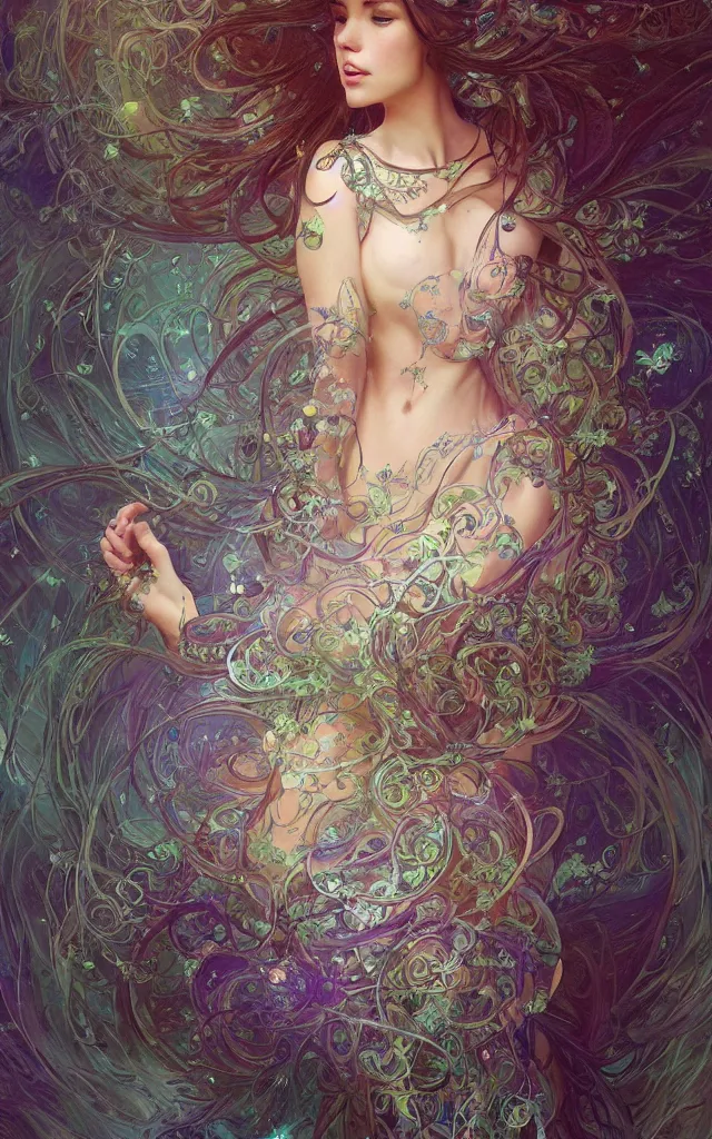 Prompt: beautiful woman in a flowing dress standing amongst spiraling fractals, intricate, magical forest, stunning, nebulae, highly detailed, digital painting, artstation, smooth, hard focus, illustration, art by artgerm and greg rutkowski and alphonse mucha and inspired by reylia slaby