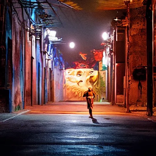 Image similar to empty street, mayan jaguar warrior, portrait, at night, by addy campbell, cinematography by quetzalcoatl