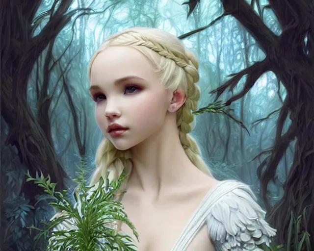 Prompt: gothic white mage blonde braided hair dove cameron wearing ethereal ivory carved bone armor in the forest fighting a monster, green plants, intricate, elegant, highly detailed, digital painting, artstaion, concept art, smooth, sharp, focus, illustration, art by artgerm and greg rutkowski and alphonse mucha