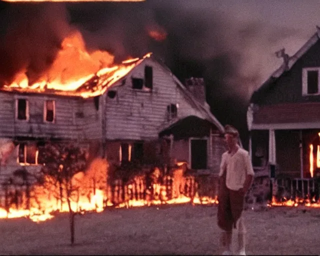 Image similar to a movie still from 'A Goose Set my House on Fire', 40mm tape, technicolour film, goose in foreground!!!!, housefire, letterboxing, widescreen