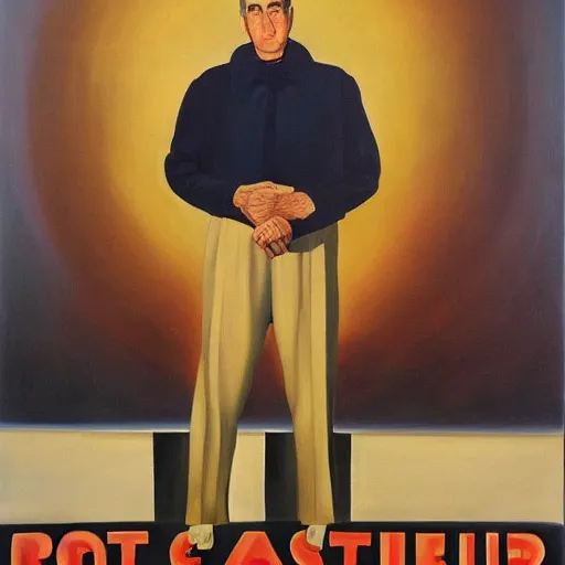 Prompt: surreal socialist realist painting of robert mueller!!! standing with folded arms, polish movie poster