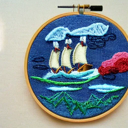 Image similar to a tiny beautiful handmade embroidery of a pirate ship sinking into a stormy ocean. hand embroidery.