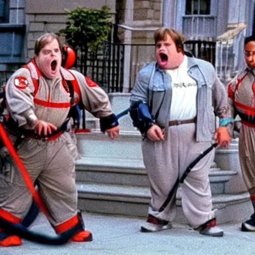 Prompt: Chris Farley as a Ghostbuster in a still from the movie Ghostbusters 8k hdr