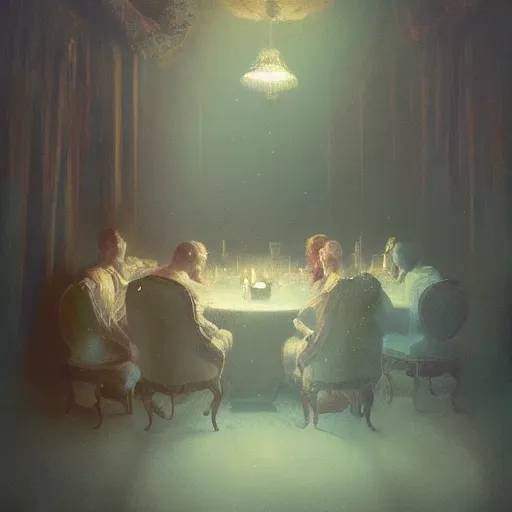 Image similar to The dinner with all the dead people I knew, By Delphin Anjolras, by Ismail Inceoglu, by Emiliano Ponzi, ghosts