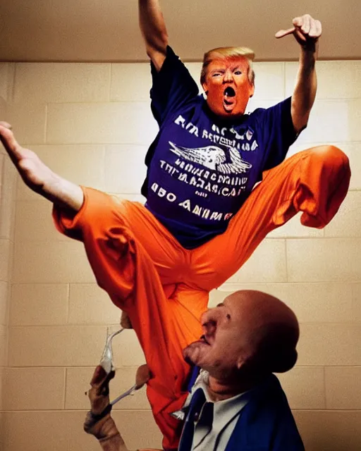 Image similar to Medium shot photo of scared Donald Trump in prison jail wearing orange pajamas with an American bald eagle attacking him, Annie Leibowitz, octane, action, dramatic lighting, editorial photo, 35mm, very detailed