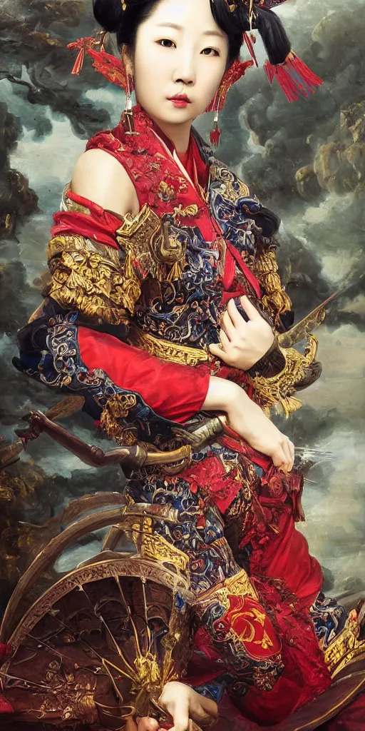 Image similar to Highly detailed and cinematic romantic period oil painting of the Chinese pirate queen Zheng Yi Sao, strong atmosphere, oil painting masterpiece by Josep Tapiró Baró, symmetry, fractals