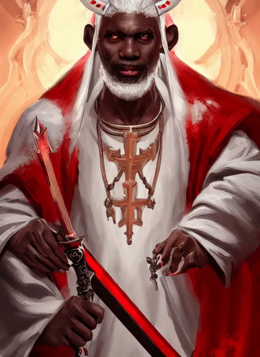 Image similar to a highly detailed illustration of sadistic white haired tanned african priest wearing white robe with red cross design, wielding divine bloody sword, evil smirk, gothic church background, intricate, elegant, highly detailed, centered, digital painting, artstation, concept art, smooth, sharp focus, league of legends concept art, wlop