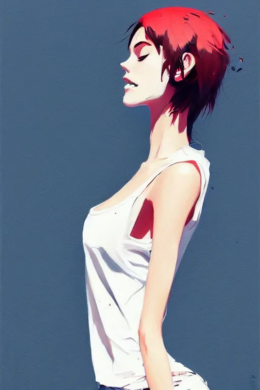 Image similar to a ultradetailed beautiful painting of a stylish woman with a white tank top, by conrad roset, greg rutkowski and makoto shinkai trending on artstation