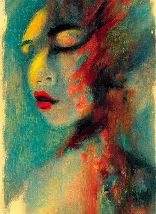 Image similar to an extreme close-up abstract portrait of a lady enshrouded in an impressionist representation of Mother Nature and the meaning of life by Igor Scherbakov, abstract, thick visible brush strokes, figure painting by Anthony Cudahy and Rae Klein, vintage postcard illustration, minimalist cover art by Mitchell Hooks