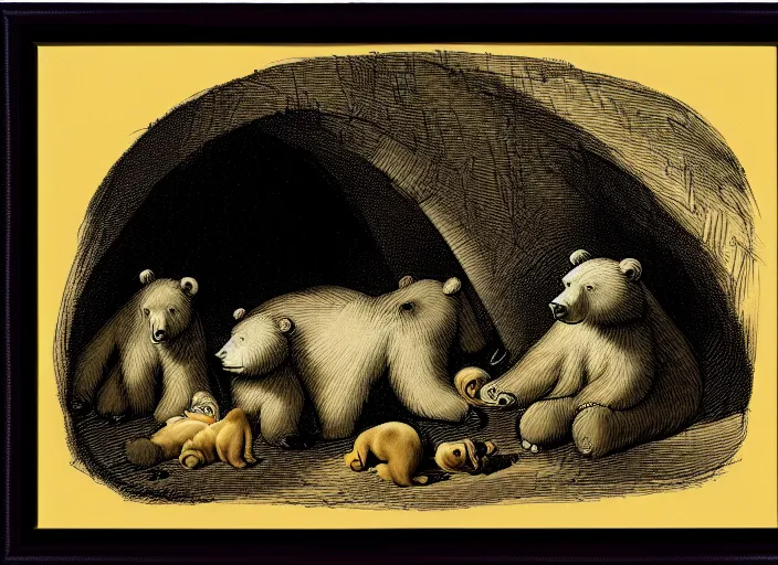 Image similar to Pieter Claesz's 'bear and her cubs sleeping in a dark cave lit by campfire', night time, cross hatching, framed