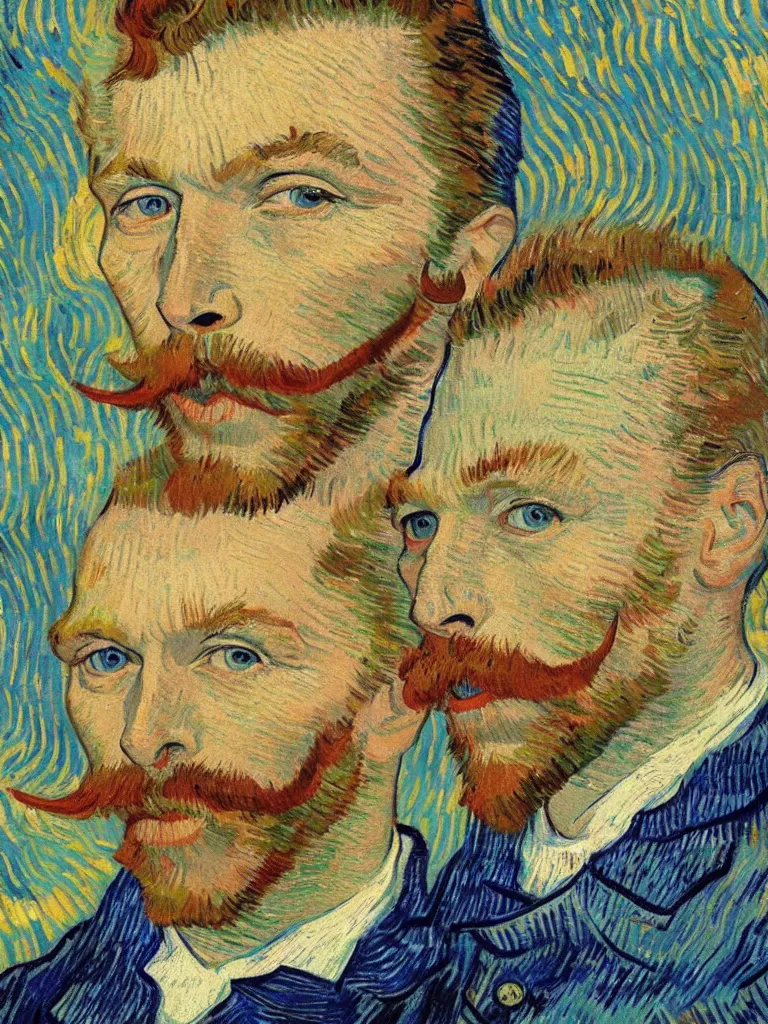 Image similar to a beautiful portrait of Elon Musk with a moustache, painted by vincent van gogh, impasto oil painting