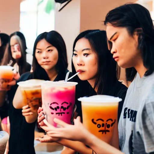 Image similar to photo of a crowd of people drinking boba milk tea while staring at the camera with soulless eyes and drool coming out of their mouths