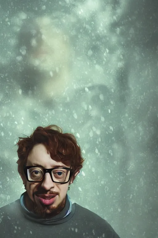 Prompt: portrait of Sam Hyde, in the style of Studio Ghibli, sigma male, rule of thirds, award winning photo, highly detailed features, raining, ethereal lighting, bizarre house