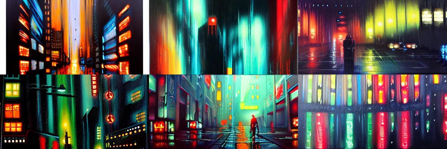 Prompt: Bladerunner, tears in the rain, cyberpunk, noir, oil on canvas