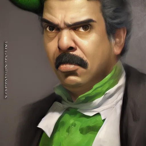 Image similar to hyper realistic, realistic - anime, portrait, beautifully rendered, italian garb the future, scifi, caricature, luis guzman as luigi wearing green, smirking deviously, luigi, luigi's nose, painted by gustave courbet, greg rutkowski, wlop, artgerm, dishonored 2,