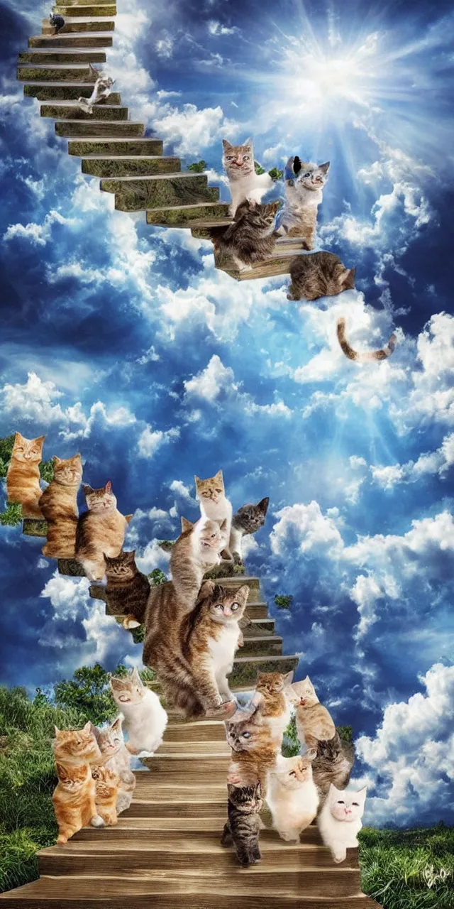 Prompt: a stairway to heaven full of cats, the sky have cat big heads between the clouds, landscape airbrush, realistic detailed