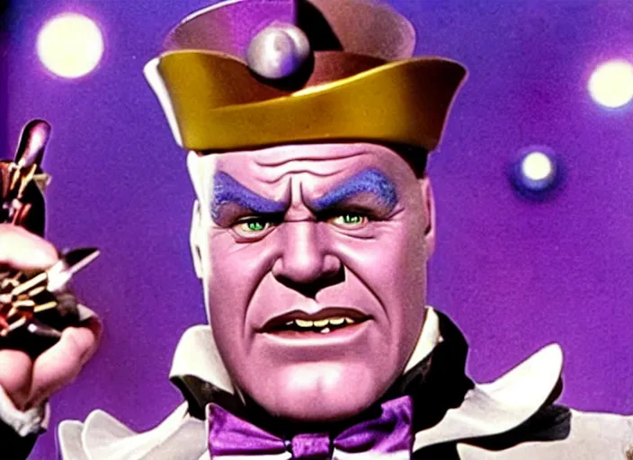 Prompt: film still of thanos as willy wonka in willy wonka and the chocolate factory 1 9 7 1