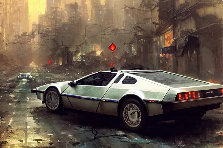 Image similar to photograph of the delorean driving down the streets of a cyberpunk abandoned city, by greg rutkowski, by stanley artgerm, by alphonse mucha