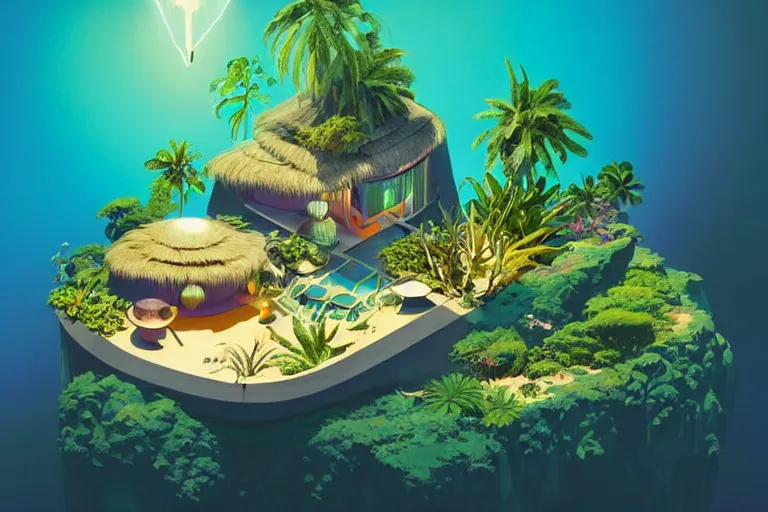 Image similar to a luminescent tropical cottage by paolo eleuteri serpieri and tomer hanuka and chesley bonestell and daniel merriam and tomokazu matsuyama, unreal engine, high resolution render, featured on artstation, octane, 8 k, highly intricate details, vivid colors, vector illustration