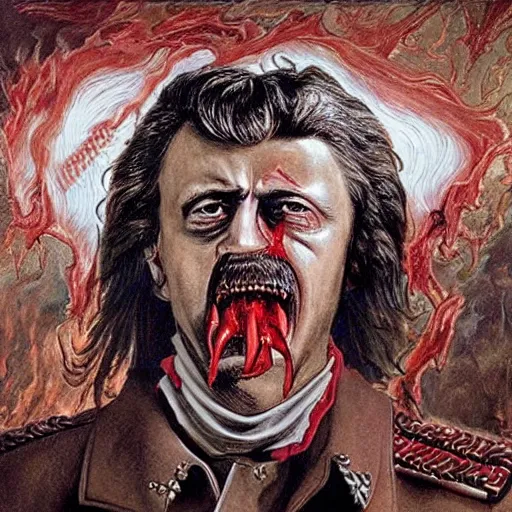 Image similar to igor ivanovich strelkov became an bloody angry degraded satanic hellfire demon and calling for total mobilization, photo - realistic, color image, 2 k, highly detailed, bodyhorror, occult art