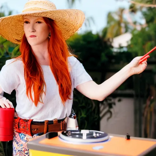 Image similar to DJ at a party, DJ is a young red headed woman and is wearing a straw hat and a fanny pack, beautiful, artistic, belt bag, wide hat