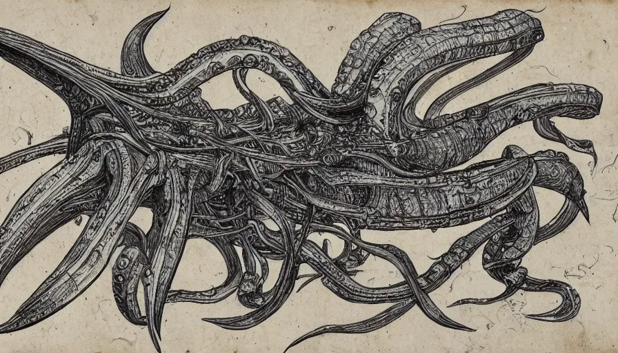 Prompt: encyclopedia drawing of a cyberpunk squid, manuscript, detailed