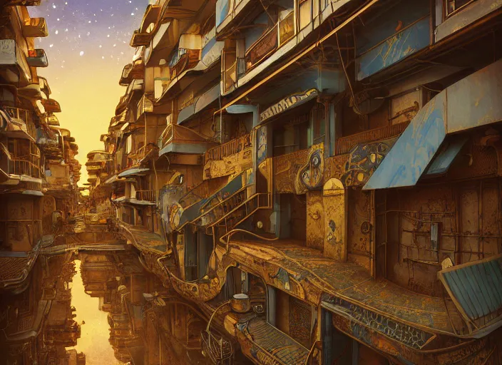 Image similar to art nouveau favela, outer space environment, scenery, professional, award - winning, trending on artstation, hyper detailed, realistic, beautiful, emotional, shiny, golden, picture