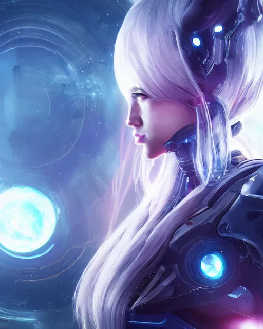 Image similar to perfect android girl on a mothership, warframe armor, beautiful face, scifi, futuristic, galaxy, nebula, bae suzy, dreamy, long white hair, blue cyborg eyes, sharp focus, cinematic lighting, highly detailed, artstation, divine, by gauthier leblanc, kazuya takahashi, huifeng huang