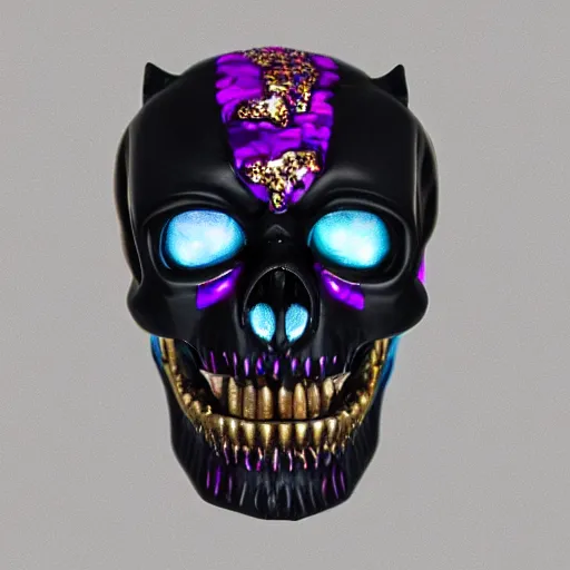 Prompt: opened mouth panther skull with gold teeth and gems inlaid skull, matte black, rose gold, amethyst, high coloration, ambient lightning, ultra wide lens, focused, highly detailed, 8 k