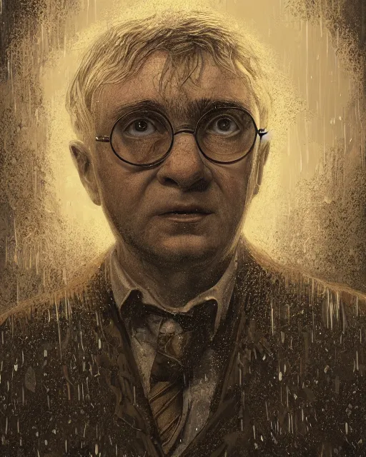 Image similar to a highly detailed portrait of Harry Potter as an old man, head and shoulders portrait, intricate, digital painting, old english, raining, sepia, particles floating, whimsical background by marc simonetti, artwork by ramond swanland and liam wong