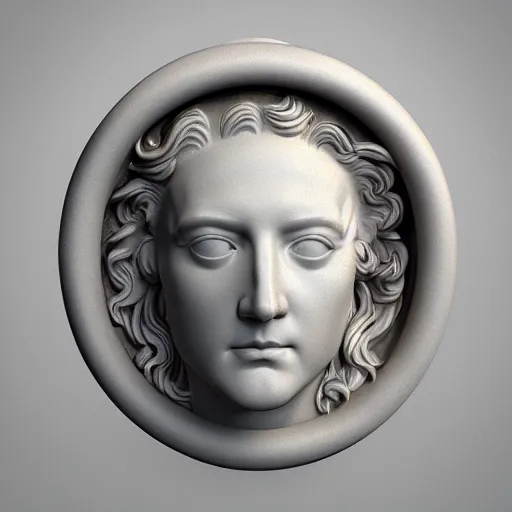 Image similar to head of a renaissance statue, huge neon ring, 3 d render