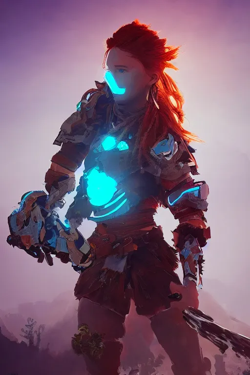 Image similar to combination suit armor aloy horizon forbidden west horizon zero dawn radiating a glowing aura global illumination ray tracing hdr fanart arstation by ian pesty and alena aenami artworks in 4 k tribal robot ninja mask helmet backpack