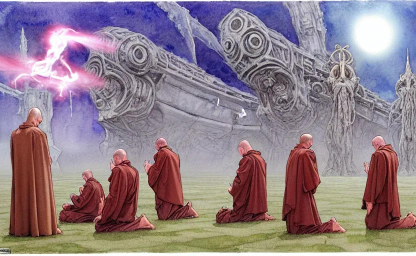 Image similar to a hyperrealist watercolour character concept art portrait of a group of catholic european monks kneeling down in prayer to a tall elegant lovecraftian alien on a misty night in stone henge. a battlecruiser starship is in the background. by rebecca guay, michael kaluta, charles vess and jean moebius giraud